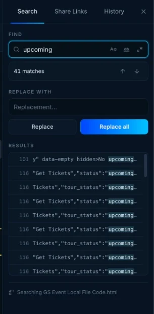 The Kodey find and replace panel with match count, replace and replace all