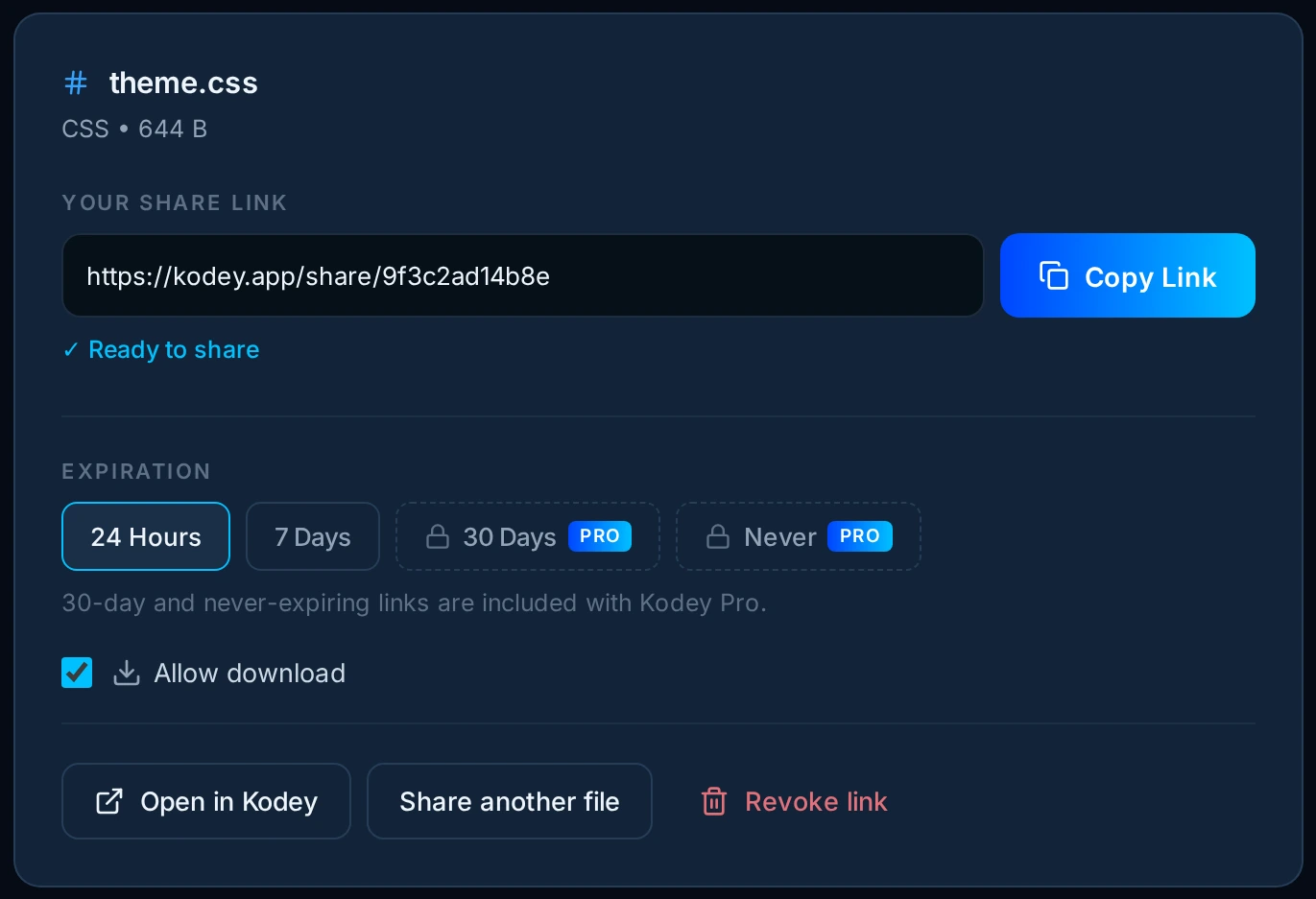 A generated File Drop share link with expiry and download controls