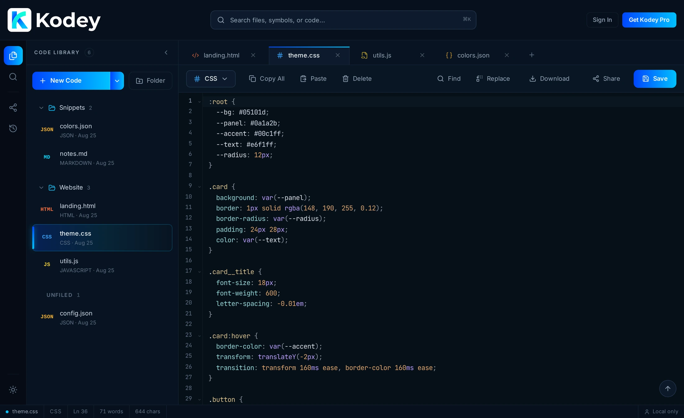 The Kodey editor with the Code Library open and a CSS file being edited