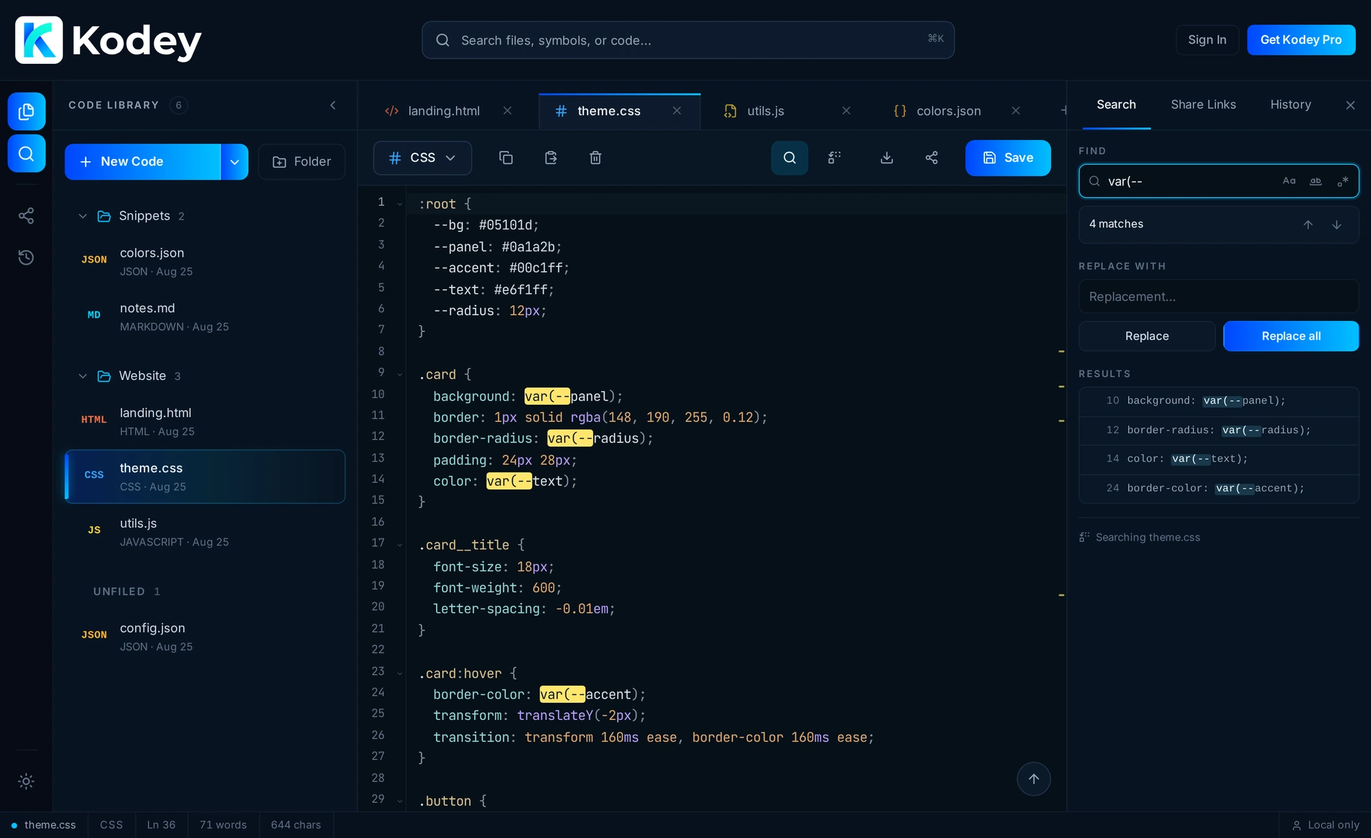 Kodey with find and replace open, showing highlighted matches and results