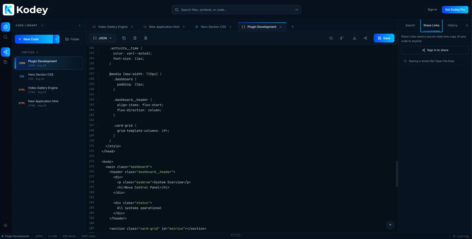 Kodey editor showing tabs, the syntax selector and the toolbar above highlighted code