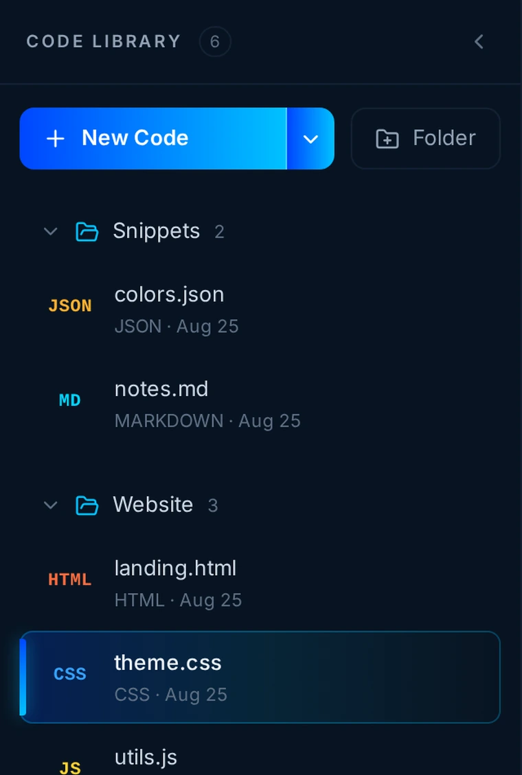 Kodey Code Library sidebar listing folders and saved documents