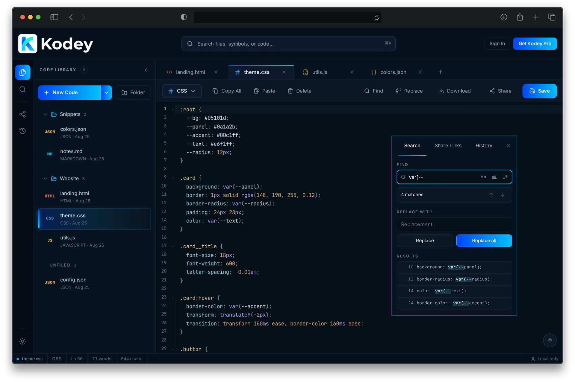 The Kodey editor with the Code Library open, tabs, and the find and replace panel