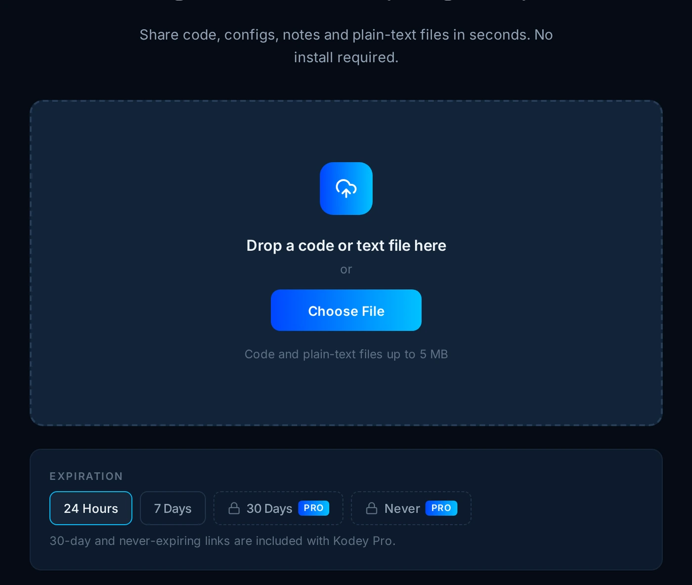 The Kodey File Drop upload screen with expiration options