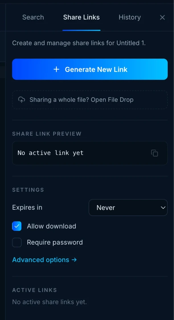 Kodey share links panel with expiry, password and revoke controls